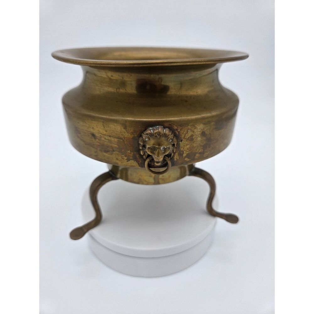 Vintage Brass Footed Planter Bowl Lion Head Ring Handles Pedestal